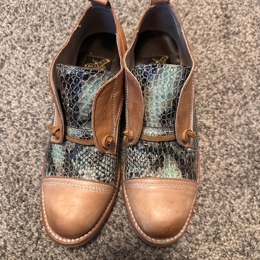 Freebird Brown and Blue Snake Print Loafers
